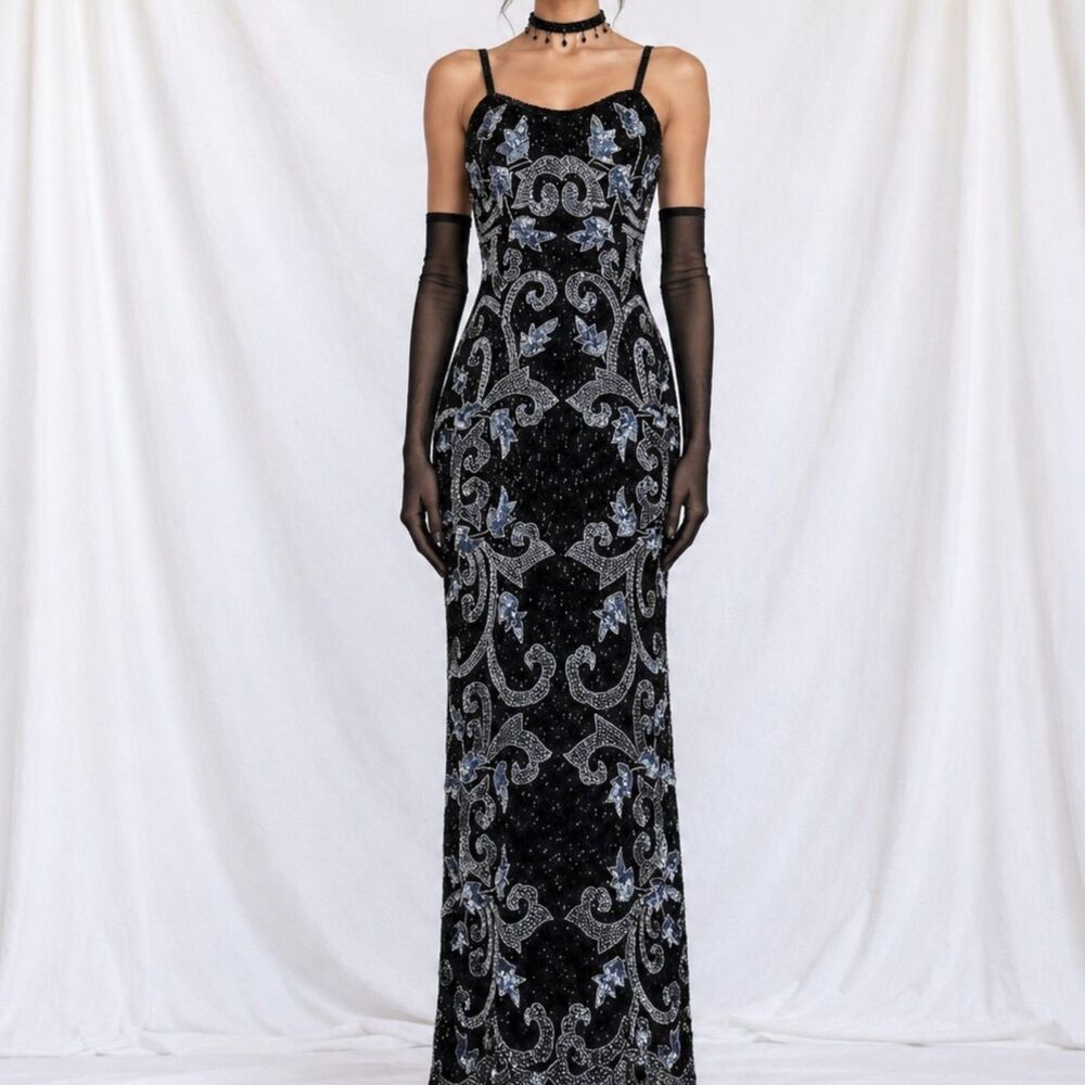 Vintage Y2K Black Blue Floral Beaded Silk Bodycon Maxi Prom Dress Size M
